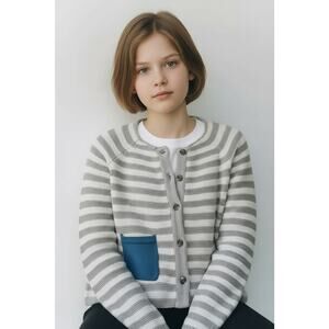 Hannah Anderson Gray & White striped 100% cotton cardigan & contrast blue pocket